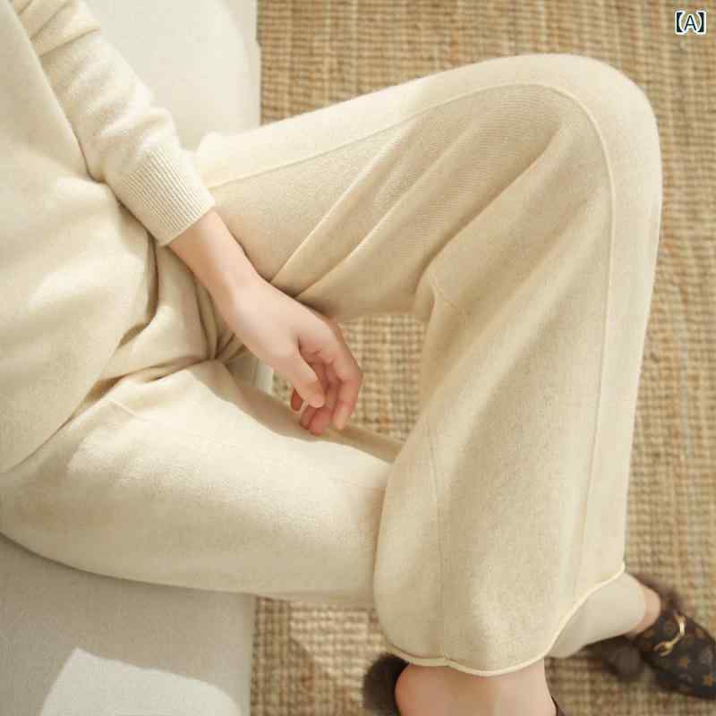 秋冬 レディース ワイドパンツ ハイウエスト 直筒 ロング ニットパンツ 厚手 羊毛 ミドルストレッチ ゆったり 床引き 普段使い 快適 カジュアル 巻き上げ ベージュ系 ピンク系 ブラック