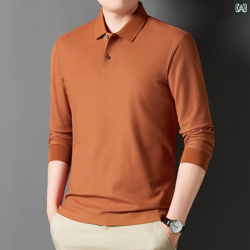 Knit Sweater - メンズ 長袖 ポロシャツ トップス 綿100 長絨綿 伸縮性 高級感 春秋 秋冬 ワイドシルエット 免烫 ピックアップカラー 翻領 切り替え 嵌花 水洗 ビジネス カジュアル 日常使い 合体型 紳士 35歳以上