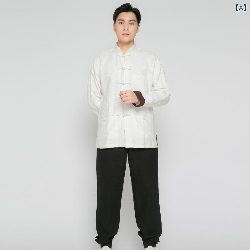 太極拳ウェア メンズ 春秋 長袖 ジャガード リネン混 太極拳服 武術 演舞 練習着 ...