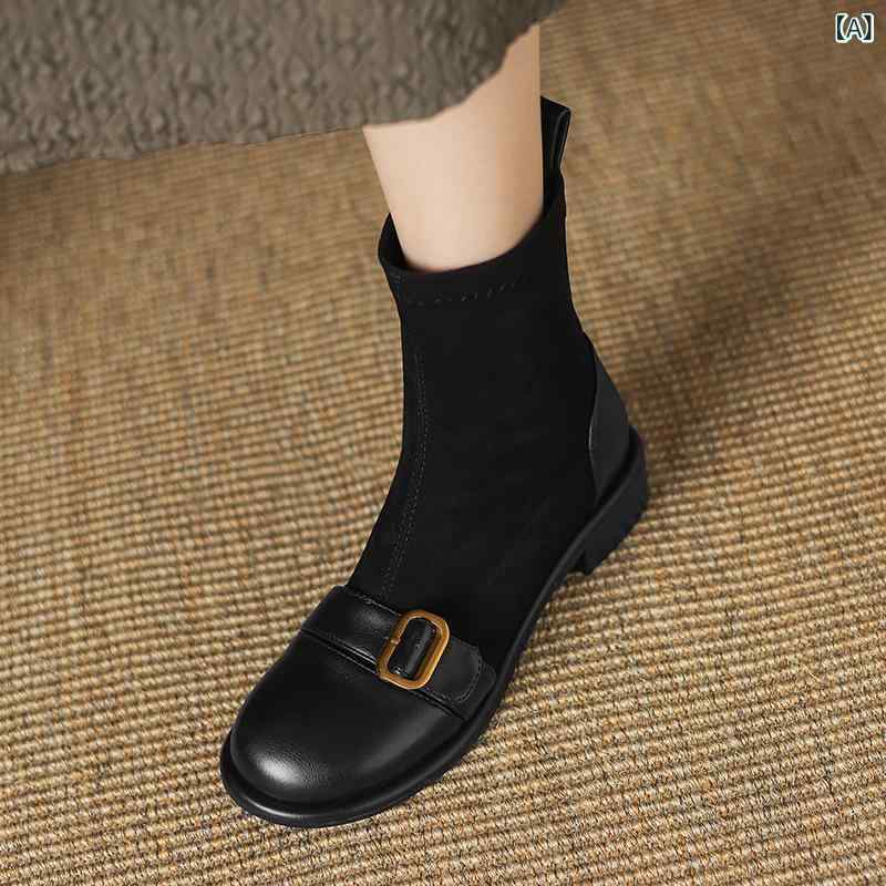 女性 フラットシューズ ローカット 単靴 メンズ風 厚底 低めヒール 弾力 ストレッチ 靴下靴 スエード ラバーソール 丸トゥ スクエアヒール 韓国スタイル ステッチ ベルトバックル 超細繊維 ライニング 人造毛 インソール 純色 ブラック ブラウン 秋
