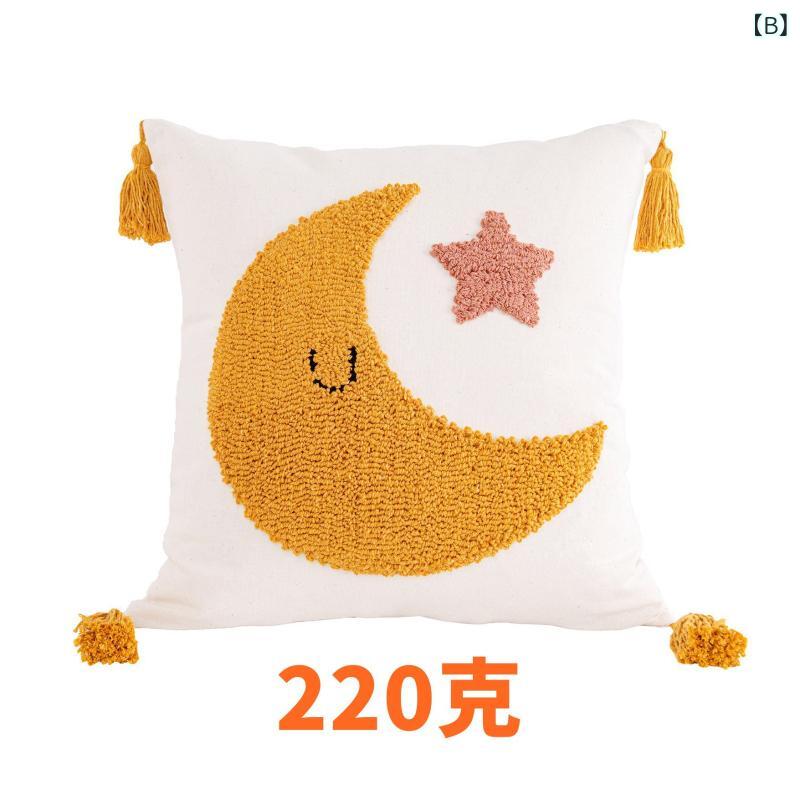 抱枕カバー 子供部屋 ボヘミアン かわいい 星空 云朵 五角星 彩虹 カード 動物柄 フリース 流蘇 切り替え 太陽 月 雨 コーヒー色 涤棉 45cm 角 床頭用 部屋飾り インテリア [2]