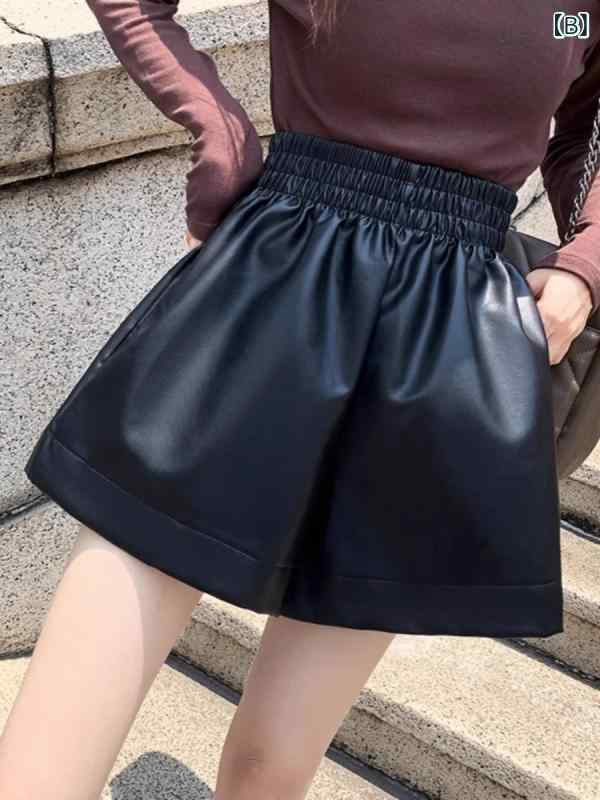レディース ショートパンツ PUレザー 大きいサイズ ワイドレッグ ハイウエスト 顯瘦 秋冬 通勤風 直筒 中厚 無弾力 褶皺 免烫 コーヒー ブラック 杏色 快適 気質 カジュアル 2