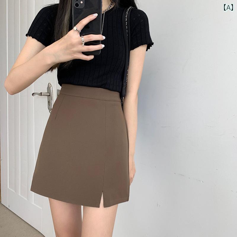 樂天商城 - スカート 女性用 秋季 ハイウエスト Aライン 防走光 包臀 開き 半身スカート 学院風 西装風 短丈スカート ミモレ丈 微弾性 ポリエステル 免烫加工 ラジ コーヒー ブラック 杏色 グレー 私服 名媛風 甘め 清楚 普段使い 通勤