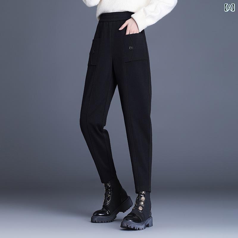 Rakuten - レディース ワイドパンツ 毛織 高腰 九分丈 ハーレムパンツ ローファーパンツ 秋冬 厚手 中弾性 切り替え ポケット ブラック ブラウン ベージュ 通勤 普段使い カジュアル 気質 再生繊維 ナイロン ストレッチ ゆったりシルエット