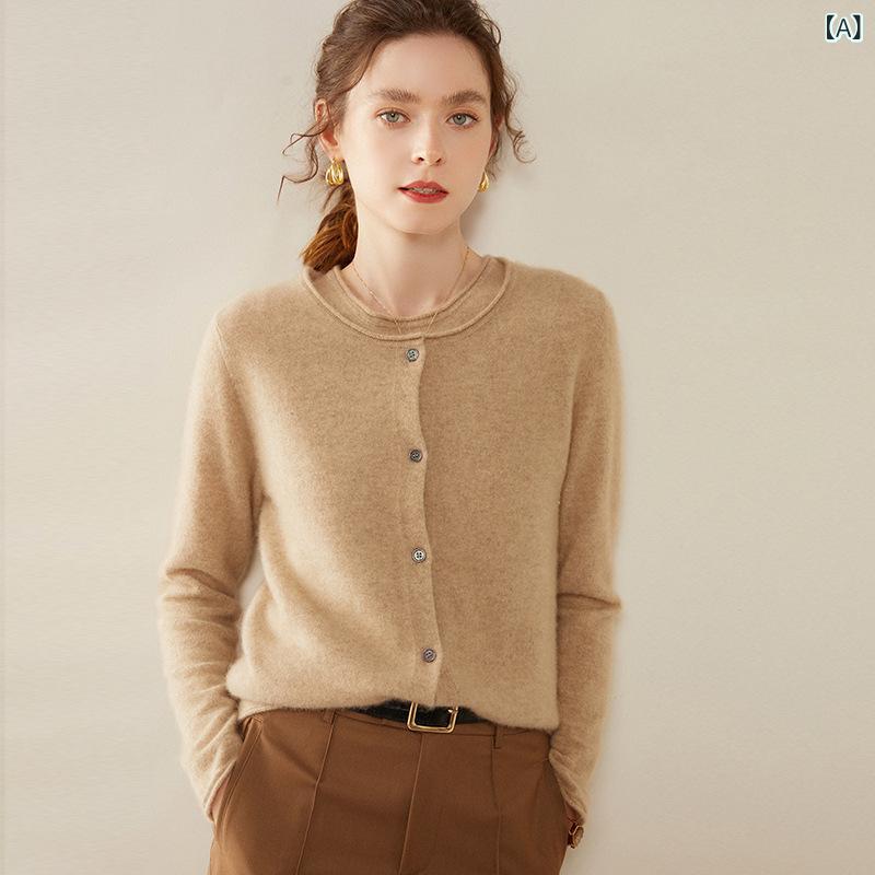 Rakuten - カーディガン 女性用 秋冬 丸首 巻き縁 山羊毛 ニット ロングスリーブ ショート丈 シングルボタン ルーズフィット スリム効果 中厚手 通勤 気質 ブラウン系 ベージュ系 ブラック 純色