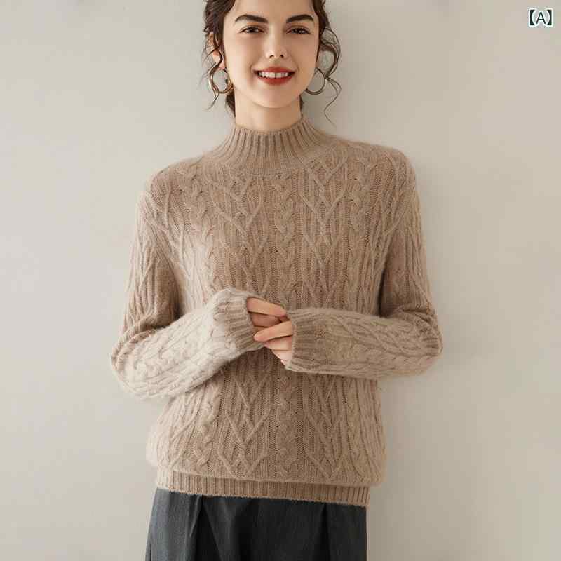 乐天商城 - ニットセーター 女性用 秋冬 羊绒 半高領 長袖 ケーブル編み ゆったりシルエット セットイン袖 単色 中厚手 かわいい 私服 通勤 普段使い 甘め 清楚 再生繊維 ベージュ系 グリーン系 ホワイト 赤系