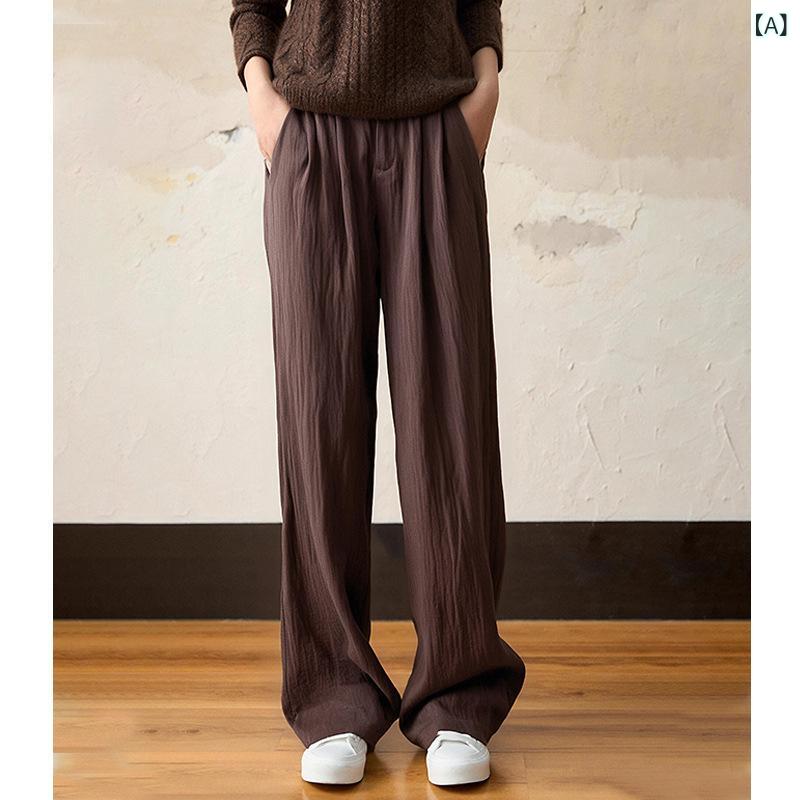 レディース 直筒パンツ ハーレムパンツ 阔腿パンツ 高腰 長ズボン 通勤 気質スタイル 棕咖色 リヨセル ナイロン混 垂感 中厚手 無弾性 ゆったり ワイドレッグ 早春 カジュアルパンツ