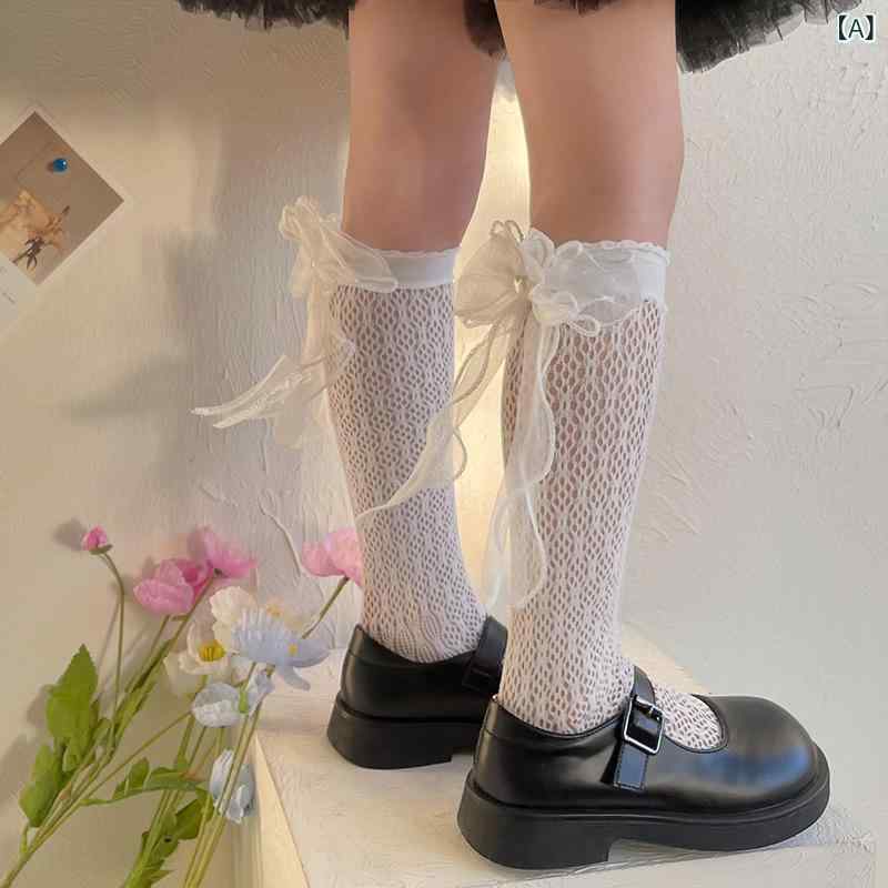 女児 中筒靴下 子供 女の子 レース 花辺 大きな蝶結び 網目 透気 天鹅绒 薄手 春夏 白色 ブラック 均码 3-12歳 かわいい JK風 プリンセス風 ロリータ風 綿混 ニット 切り替え フレア