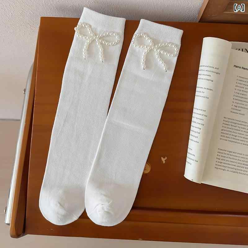 女児 中筒 靴下 女の子 子供用 綿 薄手 透気性 春夏 蝶結 珍珠 装飾 無骨 伸縮性 高弾力 均码 純色 白色 黒 薄筒 足踏み プリンセス ストリート