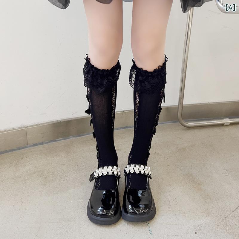 子供用 女の子 ミドル丈ソックス ロリータ風 プリンセス 蝶結び レース 花辺 少女 小腿用 透け 長筒 綿 超薄型 網目 春夏 黒 米黄 白 3〜8歳 中小児 安全A級 純色 足踏み 無かかと