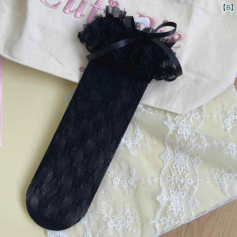 子供用 女の子 中筒 網目 靴下 JK ロリータ 花辺 蝶結び 夏用 薄手 通気性 ポリエステル グレー ブラック ホワイト アイボリー 均码 3〜8歳 2