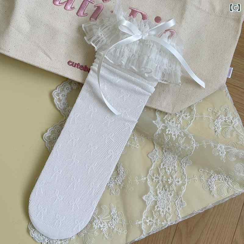 子供用 女の子 中筒 網目 靴下 JK ロリータ 花辺 蝶結び 夏用 薄手 通気性 ポリエステル グレー ブラック ホワイト アイボリー 均码 3〜8歳 3