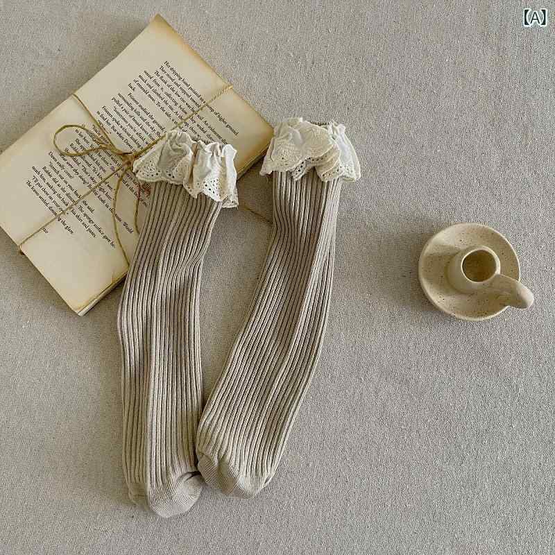 女児靴下 女の子 子供用 長筒 無かかと 中筒 小腿 花辺 純色 綿 精梳綿 透気 吸汗 中厚 春秋 秋冬 ベビー 赤ちゃん 新生児 均码 カーキ ブラウン グレー アイボリー ブラック 切り替え 百搭 普段使い
