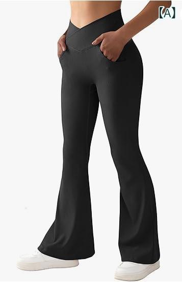 レディース ヨガパンツ 高腰 喇叭パンツ ロゴ 切り替え ポケット付き ストレッチ 吸湿速乾 ブラック ホワイト ブラウン グレー ネイビー ライトブルー アーミーグリーン 秋冬 普段使い アウトドア