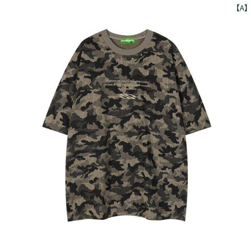 Tシャツ メンズ レディース ユニセックス 半袖 丸首 ルーズフィット 迷彩柄 アルフ...