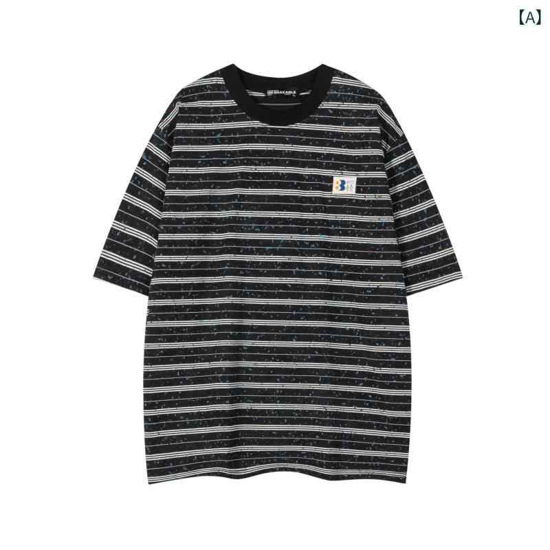 樂天商城 - 短袖Tシャツ メンズ レディース ユニセックス オーバーサイズ ストリートスタイル 条紋 刺繍 幾何学柄 接触冷感 綿混 ポリエステル ルーズフィット 丸首 セットインスリーブ 黒 白 夏 春夏 普段使い カジュアル トップス
