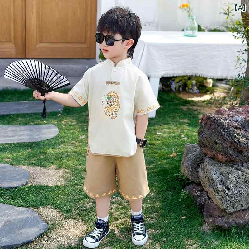子供服 セットアップ キッズ 男の子 チャイナ服 唐装 トップス ハーフパンツ 2点セット 半袖 薄手 コットン 通気性 吸湿速乾 龍柄 プリント 高級感 カジュアル ウエア 普段着 ルームウエア