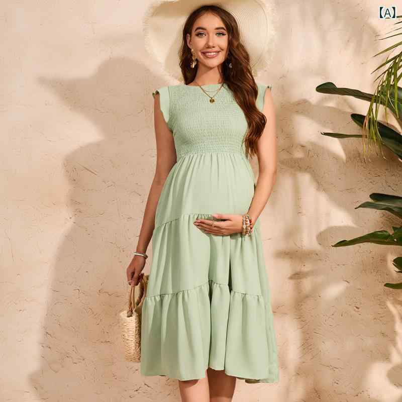 樂天商城 - マタニティドレス 妊婦用 ワンピース 雪纺 ポリエステル 長スカート 大きめフレア 飛袖 三分袖 プリーツ 切り替え レイヤード ラッフル 丸首 ソリッドカラー ライトグリーン ブラック ホワイト ピンク オレンジ ミリタリーグリーン 通勤 気質 快適