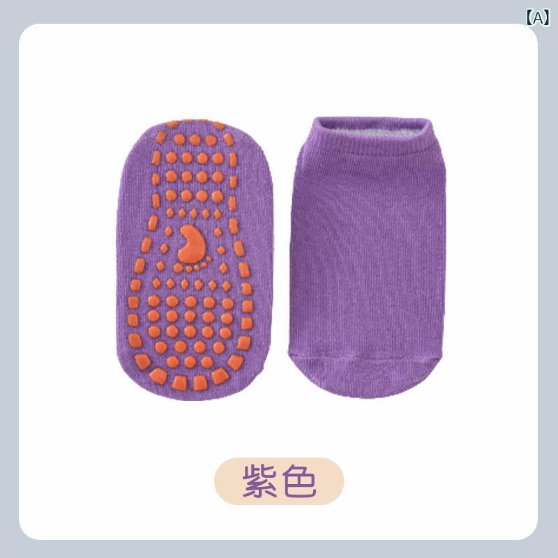 子供用 フロアソックス 防滑 蹦床用 遊楽場用 ベビー用 早教用 成人用 ヨガソックス 中性 短筒 有かかと 足裏グリップ 中厚 ナイロン ポリエステル 透気 吸汗 春秋 夏 純色 丸点柄 紫 黒 グレー ピンク ブルー イエロー 親子 キャンディ