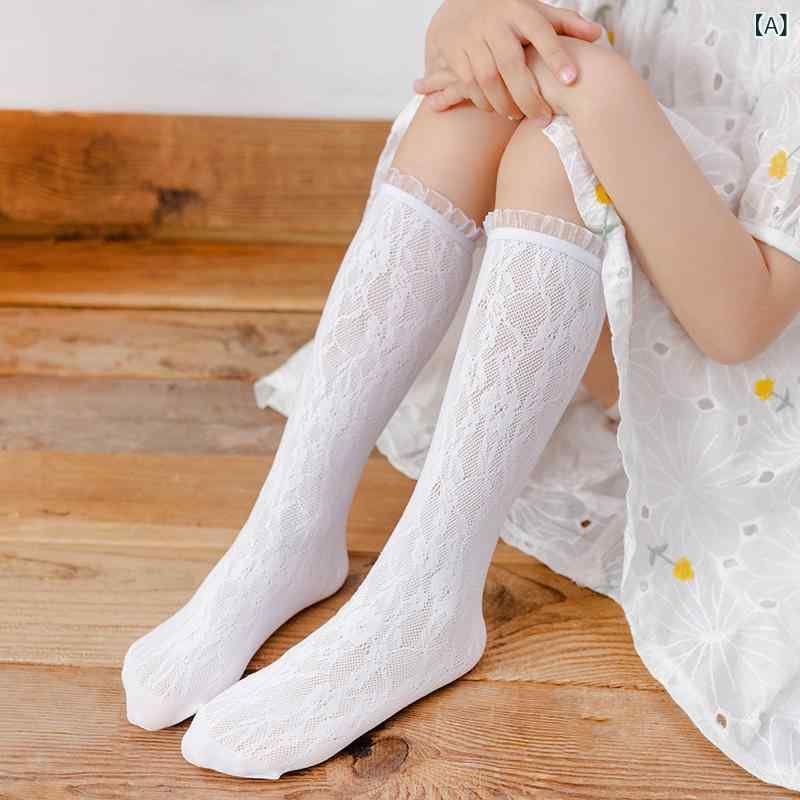 女の子 中筒靴下 花柄 レース フリル 薄手 網目 透気 防蚊 親子 春夏 秋 綿 ナイロン かわいい プリンセス ピュアカラー 白 ベージュ ブラック 中小学生 普段使い