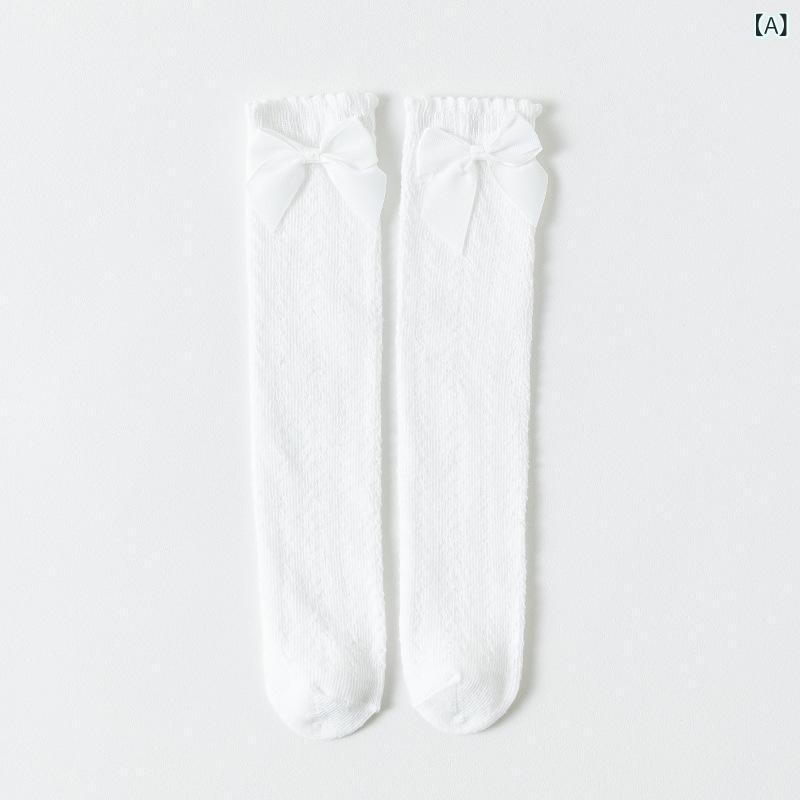 Socks - 女児用 ロリータ 靴下 春夏 女の子 長筒袜 蝶結 リボン プリンセス ソックス ベビー 網目 蚊除け 小腿カバー 子供 中筒 薄手 透気性 綿 精梳棉 レース かわいい 田園 ピンク系 ホワイト ネイビー グレー 杏色 3-12歳 スポーツ カジュアル