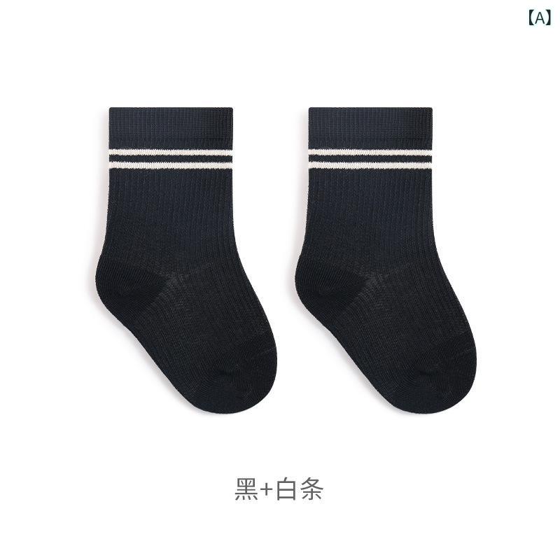 ・カテゴリ: 子供靴下・主な素材: 綿81.7%・適用性別: ユニセックス・靴下タイプ: 普通靴下・工艺: メッシュ・機能: 通気性・筒丈: ミッドカーフ・厚み: 超薄・柄: ストライプ・カラー展開: 黒白ストライプ（メッシュ短款）、グレー白ストライプ（メッシュ短款）、白紅ストライプ（メッシュ短款）、白黒ストライプ（メッシュ短款）、白紺ストライプ（メッシュ短款）・サイズ展開: S（0-1歳）、M（1-3歳）、L（3-5歳）、XL（5-8歳）