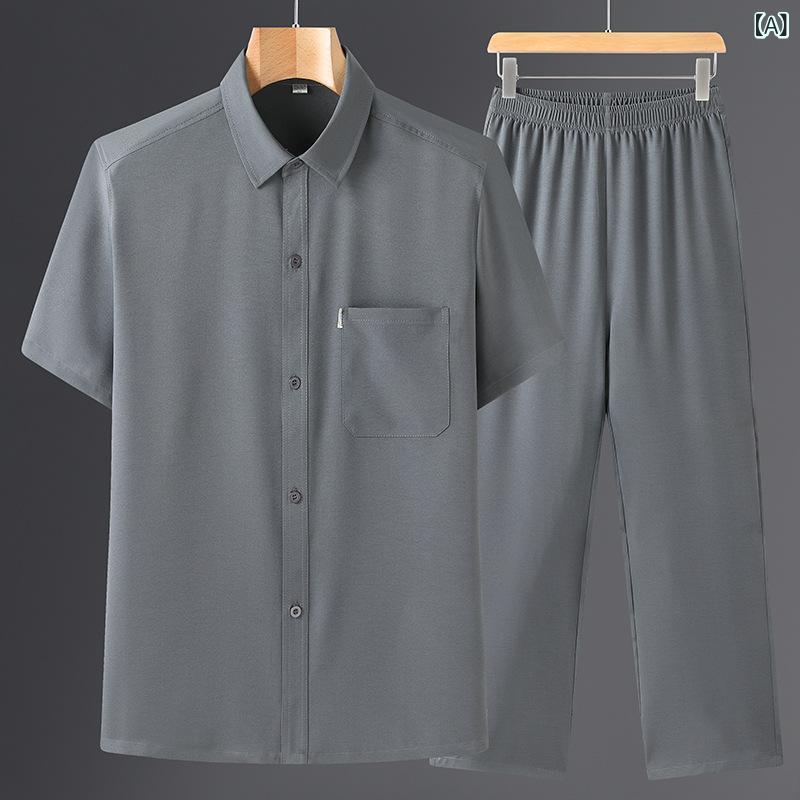メンズ シニア 夏 シャツ セット 短袖 トップス 紳士服 軽ビジネス 開衫 ワイドフィット スクエアネック 無地 薄手 ポケット ポリエステル 速乾 ノーアイロン グレー系 グリーン系 ネイビー系 深色 日常 普段使い 軽量 通勤 涼しい ゆったり 5 narukimar-10722203 naruki パッケージ画像