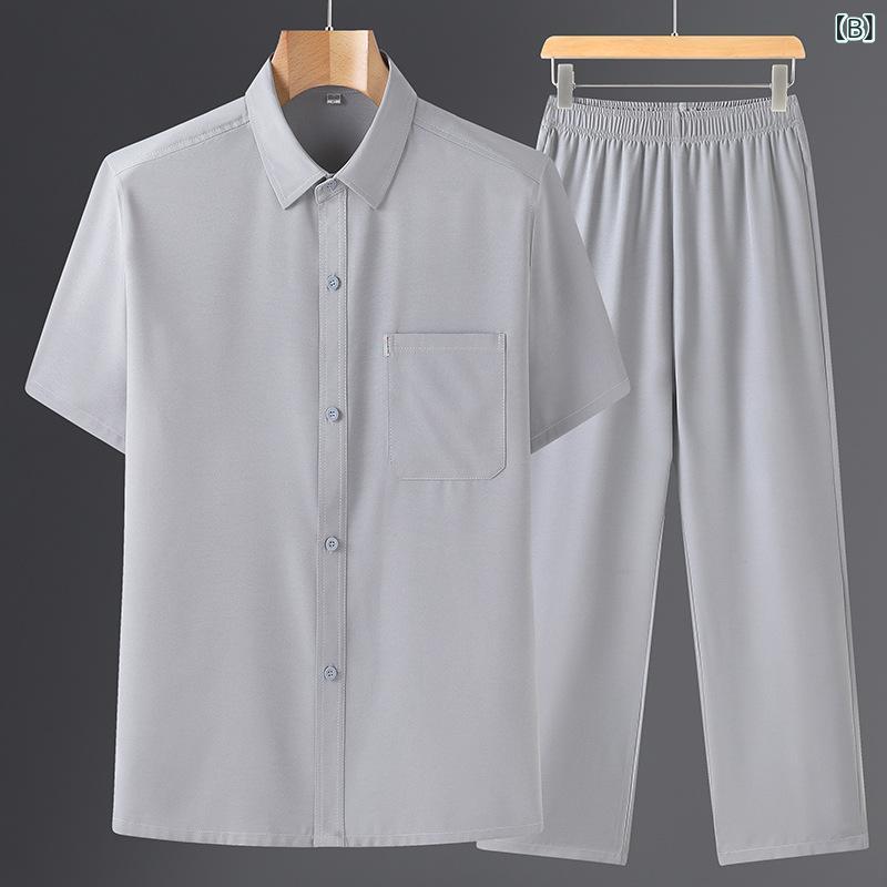 メンズ シニア 夏 シャツ セット 短袖 トップス 紳士服 軽ビジネス 開衫 ワイドフィット スクエアネック 無地 薄手 ポケット ポリエステル 速乾 ノーアイロン グレー系 グリーン系 ネイビー系 深色 日常 普段使い 軽量 通勤 涼しい ゆったり 5 narukimar-10722203 naruki サンプル画像2