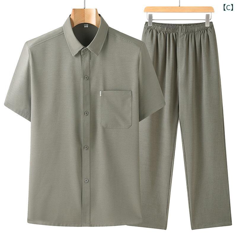 メンズ シニア 夏 シャツ セット 短袖 トップス 紳士服 軽ビジネス 開衫 ワイドフィット スクエアネック 無地 薄手 ポケット ポリエステル 速乾 ノーアイロン グレー系 グリーン系 ネイビー系 深色 日常 普段使い 軽量 通勤 涼しい ゆったり 5 narukimar-10722203 naruki サンプル画像3