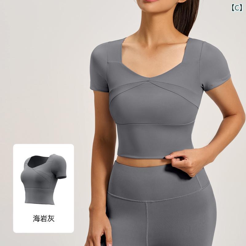 レディース スポーツTシャツ トップス 短袖 短丈 固定胸パッド ランニング フィッ...