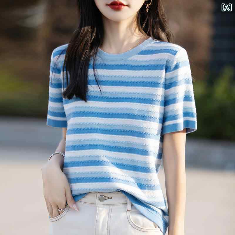 Rakuten - Tシャツ レディース 短袖 丸首 条紋柄 切り替え 綿100％ ゆったりシルエット 通勤 普段使い 気質 優雅 ブルー ピンク グリーン 春夏