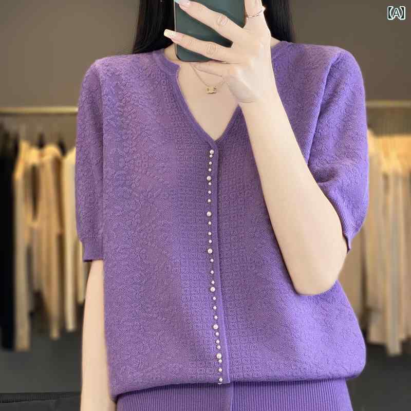 樂天商城 - Tシャツ レディース 春夏 Vネック 短袖 ニットトップス ワイドシルエット 羊毛混紡 ポリエステル混紡 接触冷感 軽量 伸縮性 3D立体柄 ビーズ刺繍 紫色 ピンク アイボリー 日韓カジュアル 普段使い 部屋着