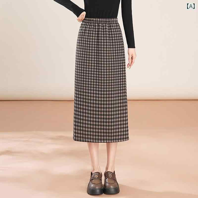 乐天商城 - スカート 女性用 秋冬 千鳥格 毛呢 ポリエステル 中長丈 Aライン ハイウエスト 包み 一步裙 切り替え 気質 気質通勤 通勤風 微弾性 加厚 黒格 咖格 显瘦 松紧 気質優雅
