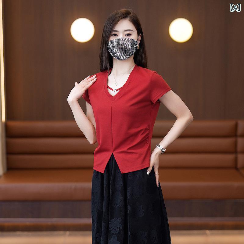 Tシャツ レディース Vネック 短袖 トップス 修身型 気質通勤 赤 白 黒 綿混 ポリエステル 純色 快適 吸湿速乾 普段使い 春夏 秋 通勤 ..