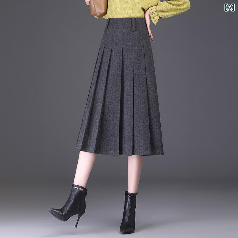 乐天商城 - スカート 女性用 秋冬 ミディ丈 プリーツスカート 半身スカート ハイウエスト Aライン フレアスカート 毛呢 ポリエステル 微弾性 気質 都市 通勤 気質 通勤 グレー ブラック ブラウン 切り替え 圧縮加工 純色 ミドル丈 プリーツ フレア ハイウエ