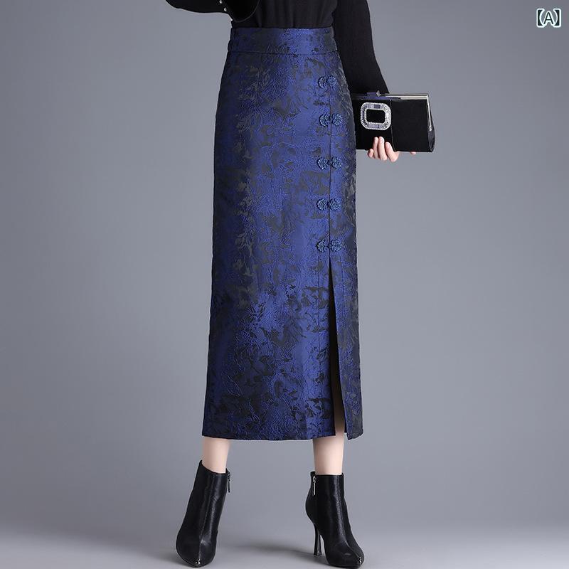 樂天商城 - スカート 女性用 秋冬 包ヒップ 中長丈 ハイウエスト スリット 直筒 切り替え 盤ボタン ブルー ポリエステル 微弾性 気質 通勤 普段使い 高腰 显瘦 国風 半身スカート トップス 再生繊維 軽量