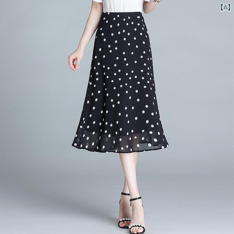 乐天商城 - 半身スカート 女性用 春夏 気質 通勤 ミディ丈 Aライン ハイウエスト ポルカドット ブラック ホワイト ポリエステル 微弾性 切り替え 軽量 スリムライン インナーなし 普段使い 優雅 涼しい