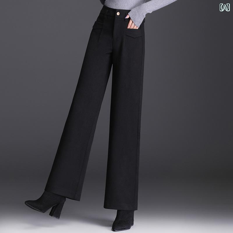 乐天商城 - レディース ワイドパンツ ブラック 毛ね素材 秋冬 厚手 高腰 直筒 垂感 ゆったり 显瘦 長丈 通勤 通勤風 気質 ポケット 微弾性 免烫加工 切り替え 吸湿速乾 再生繊維 部屋着 アウトドア 普段使い
