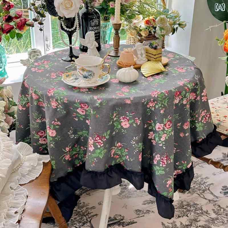 方形 テーブルクロス 黒花柄 黒レース縁 防滑 防塵 防熱 装飾用 布製 茶几布 ダイニングテーブル用 長方形 サイズ豊富
