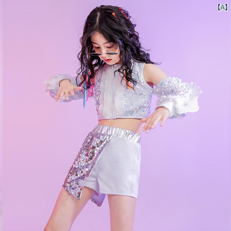 女の子 ダンス衣装 キッズ 子供用 ラテン ストリートダンス ジャズダンス 銀色 ラメ セットアップ チュチュ 網纱 ソフト 伸縮性 スパンデックス 白 かわいい 個性派 ファッション ステージ モデル 歩行ショー 普段使い 通年