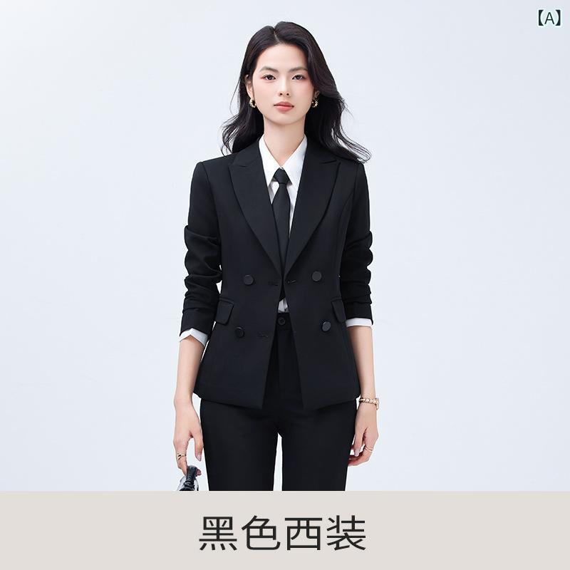 レディース ダークネイビー 西装セット スーツ 職業服 女性用 春夏 大学生 面接 通勤 仕事着 長袖 牛角袖 長ズボン ストレートパンツ 微喇パンツ ポリエステル 快適 ゆったり セットアップ