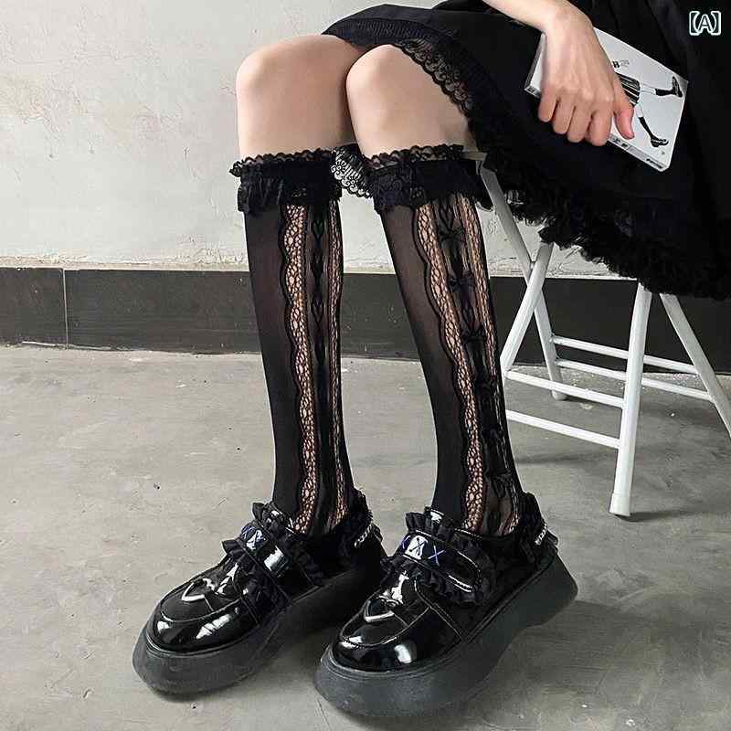 靴下 レディース レース ハイソックス 接触冷感 ロリータ JK リボン フリル シースルー 膝下 美脚 かわいい 薄手 黒 白 ベージュ 白