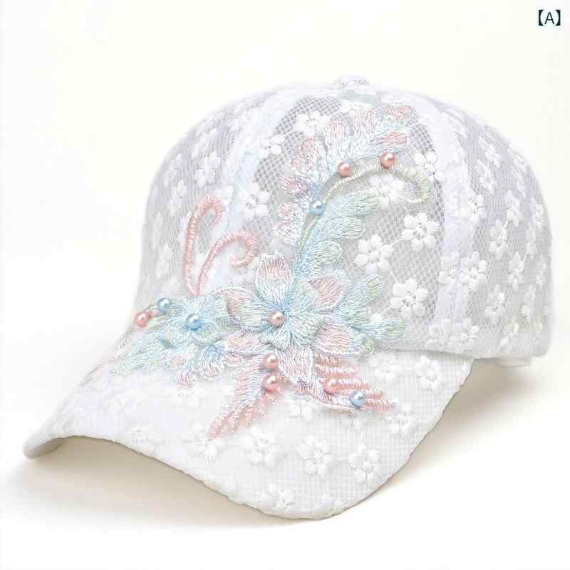 野球帽 レディース 春夏 鴨舌帽 刺繍花柄 レース 網目 透気 防晒 遮陽 調整可能 曲檐 丸頂 白色 ピンク系 ポリエステル 韓国風 清新 かわいい 軽量 通勤 普段使い
