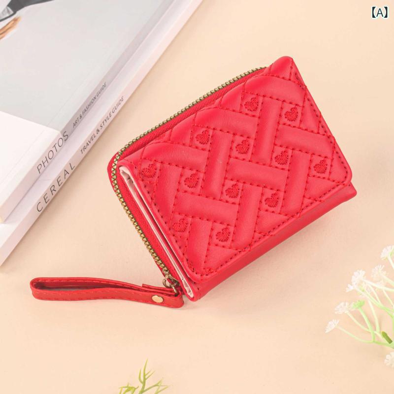 B, F, P, W - レディース ショルダーバッグ ハート刺繍 短め ジップ 財布 手持ち ミニ コンパクト カードケース 零钱包 合成皮革 プー素材 赤 ピンク ライトブルー パープル カーキ ブラウン ブラック 春 日常使い かわいい シンプル 3つ折り 収納 軽量