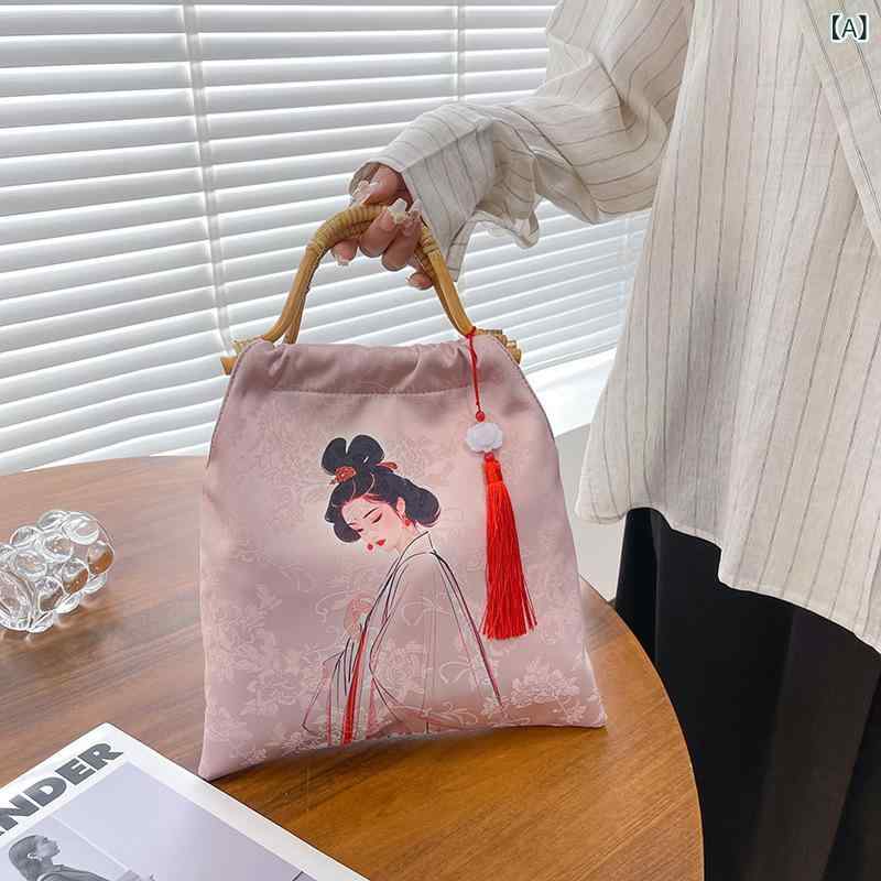 ハンドバッグ ショルダーバッグ メンズ レディース チャイナ風 民族風 藤編 ポリエステル 中型 水桶型 バケツバッグ 縦型 スクエア プリント柄 ソフト素材 日常使い 普段使い 通勤 通学 かわいい コンパクト 軽量