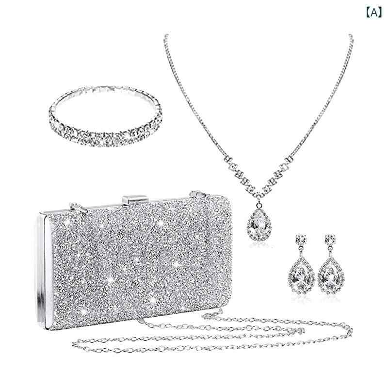 Jewelry Set Wedding Drop Wave Necklace Earrings Bracelet Glitter Finish Business Commute Everyday Use Silver Small Square Bag Horizontal Diamond Pattern Lock Soft Nylon Cool Touch Shoulder Bag Handbag