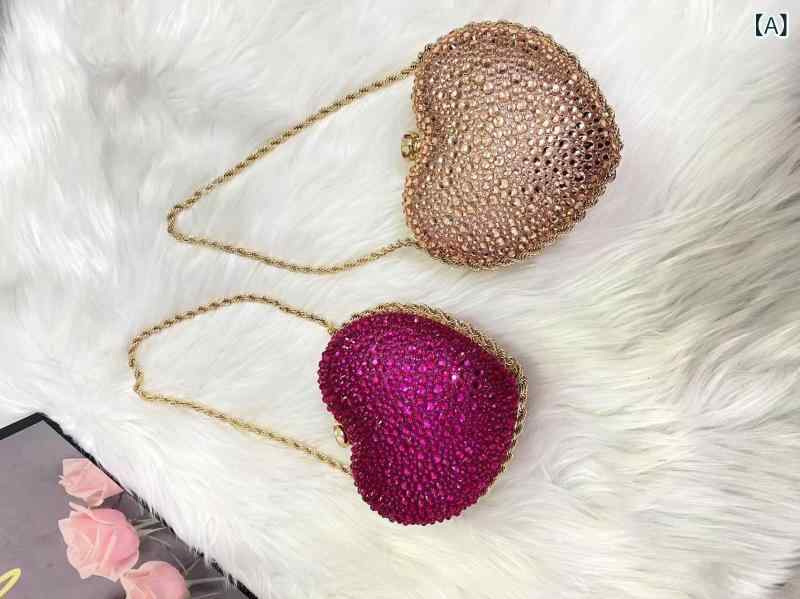 ミニバッグ 女性用 春夏 ハート型 シングルショルダーバッグ 斜めがけ ベイシック 迷你 かわいい ストラップ チェーン ロック ラインストーン 装飾 プー素材 中硬度 立体形状 コンパクト デイリー ディナー パーティー 香槟色 ピンク系 グリーン ブ