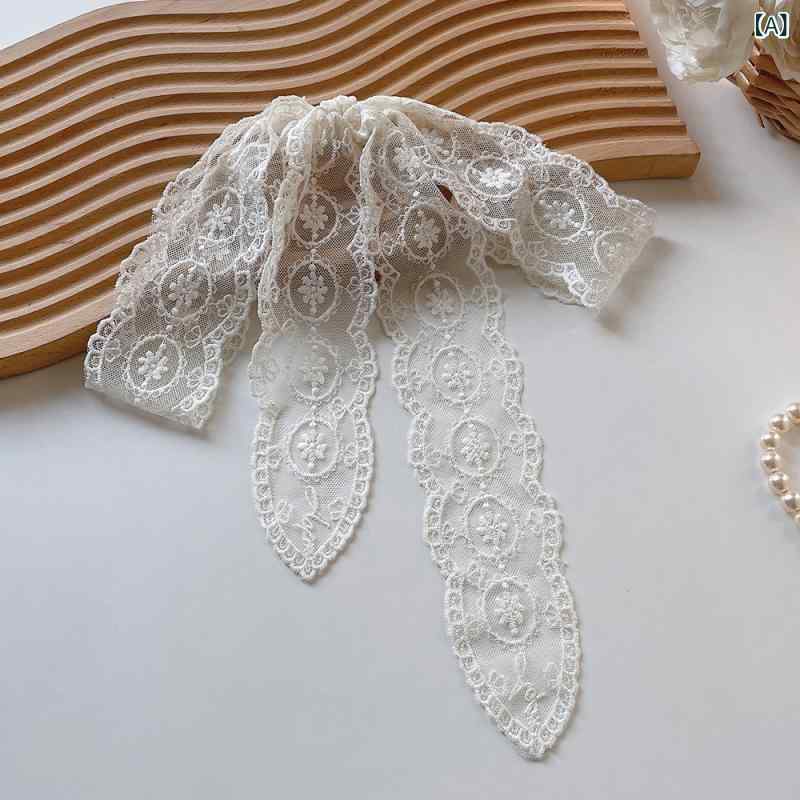 スカーフ ヘアバンド 首回り巾 腰巻き 細長 リボン 刺繍 花柄 レース 純色 春 ミルクホワイト ブラック ピンク グリ…