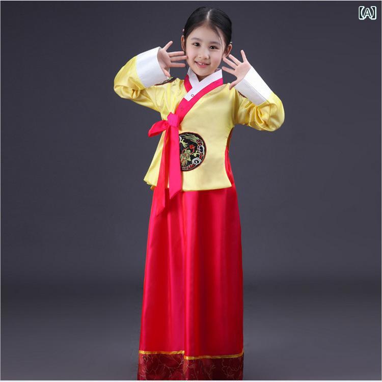 裙子 - 女児 韓服 朝鮮族 民族衣装 子供 ダンス衣装 ステージ衣装 チュール 绸缎 再生繊維 柔軟素材 通年使用 イエロー トップス レッド スカート 天藍 トップス レッド スカート ピンク トップス グリーン スカート グリーン トップス レッド スカート