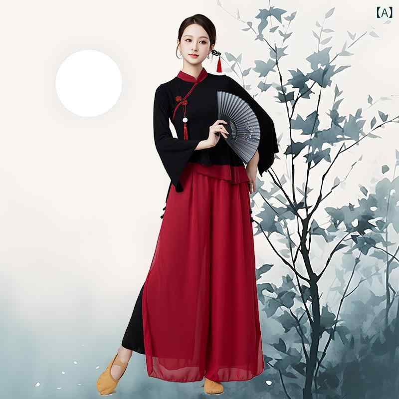 ダンス服 レディース 中高年 中国風 民族風 モダール 喇叭袖 雪紡 トップス パンツ セット 春夏 ブラック 枣紅 孔雀藍 宝藍 ホワイト 切り替え 軽量 通気性 ステージ 舞台衣装 民族舞 プラザダンス 女性用 ゆったり 伸縮性